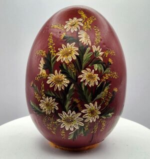 1995 Vintage Artistisan Signed Chalkware Egg Large Handpainted Red Yellow Floral